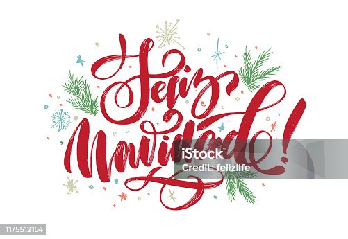 istock christmas background with lettering "merry christmas" in Spanish "Feliz Navidad" for design of flyers, cards, web, postcard 1175512154