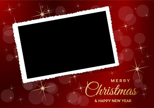 Christmas background with photo, blank frame. Vector template with picture to insert