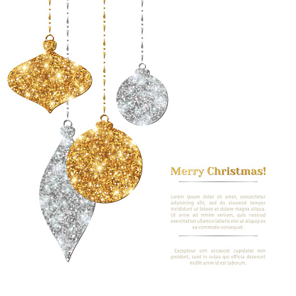 Christmas Background with Silver and Gold Hanging Baubles.