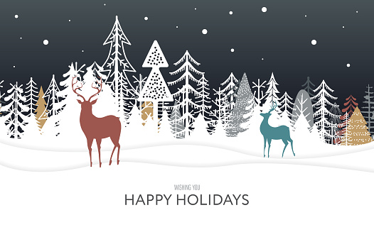 Christmas Background with Trees, Mountains and Deers