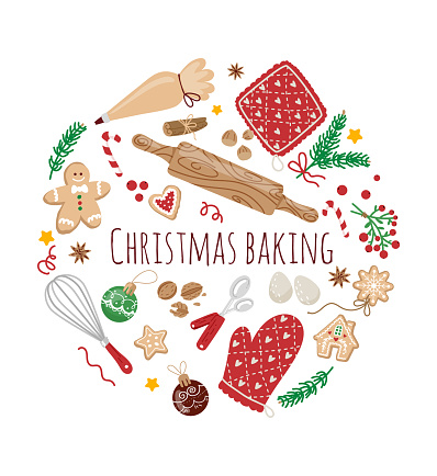 Christmas baking elements concept in circle composition. Vector illustration on white background with kitchen utensils.