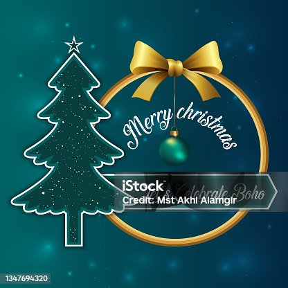 istock Christmas Banner with christmas tree, bauble, ribbon and blue background 1347694320