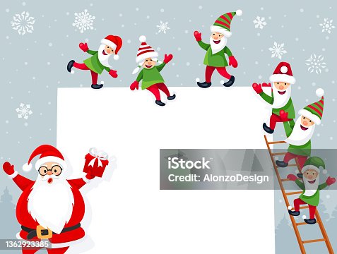 istock Christmas banner with Santa Claus and elves. Greeting card design concept. 1362923385