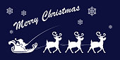 Christmas blue illustration, Santa Claus is riding in a sleigh with reindeer.