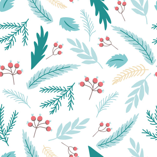 Christmas branch print Winter seamless pattern with holly berries fir branches Blue background vector Christmas branch print Winter seamless pattern with holly berries cute blue hand drawn branches. New year holiday background. Pretty wallpaper, surface textures, fabric prints. Vector illustration. evergreen plant stock illustrations
