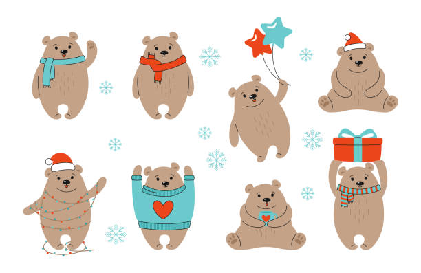 Christmas brown bear cartoon set grizzly vector Christmas brown bear cartoon set. Hand drawn grizzly, cute vector bears with red hat, gift, balls or garland. New Year animal mammals in different poses. Funny celebrate doodle animals winter brown bear stock illustrations