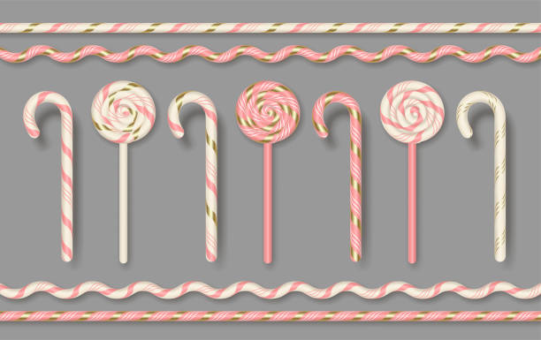 Christmas Candy Lollipop Christmas Candy Lollipops. Set of realistic candy cane and a patterned border. Vector illustration candy borders stock illustrations