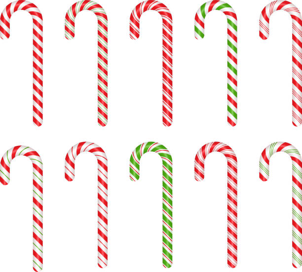 Christmas cane candy. Vector. Stick isolated on white. Christmas cane candy. Vector. Stick isolated. Decoration sugar lollipop. Holiday red background. Cartoon illustration. Striped traditional noel dessert. Realistic lollypop icon. candy cane stock illustrations