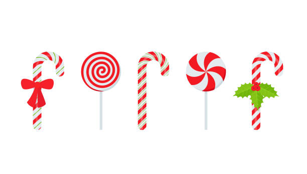 Christmas cane candy. Vector. Stick isolated on white. Candy cane. Vector. Christmas stick and round swirl candies icon. Peppermint lollipop symbol isolated on white background in flat design. Cartoon illustration. Striped traditional noel desserts. candy clipart stock illustrations