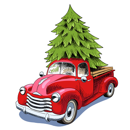 Christmas Card Red Retro Truck With Christmas Tree Isolated On White