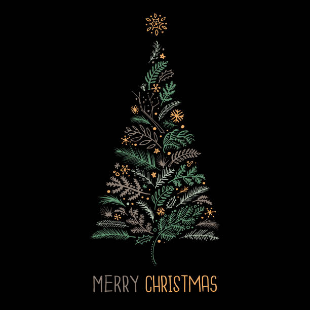 Christmas card sketch Hand drawn christmas design on black background black background illustrations stock illustrations