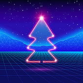 Christmas card with neon tree and 80s computer background