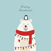 Christmas card with animals, hand drawn style. Polar bear and penguin hugsl. Vector illustration.
