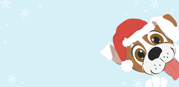 Christmas card with cartoon dog in Santa hat.