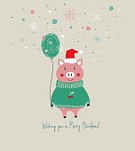 Cute pig in Santa's hat and sweater holding a balloon. Christmas and New Year greeting card.