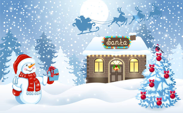 weihnachtskarte mit schneemann und weihnachtsmann workshop gegen wald-hintergrund und der weihnachtsmann im schlitten mit rentier-team fliegen in den himmel - werkstatt stock-grafiken, -clipart, -cartoons und -symbole