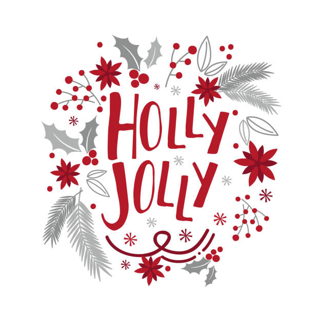 рождественская открытка с дизайном венков, с красным и серебряным цветом - весёлый stock illustrations
