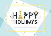 Happy Holidays and Merry Christmas background. Greeting card with bold typographic design, golden glitter frame and elements. Horizontal template. Contemporary geometric background. Vector illustration. Blue and black.