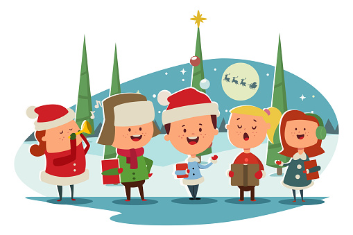 Christmas Caroling. Cute children choir singing carols. Vector cartoon illustration on a winter landscape.