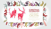 Vector Illustration of panoramic Christmas celebration invitation template with hand drawn elements. Includes cute deer. Sample text design. Easy layers for customizing.