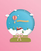 Christmas celebrations greeting card in paper cut style with Santa Claus in hot air balloon. Vector illustration design for poster, postcard, backdrop, banner.