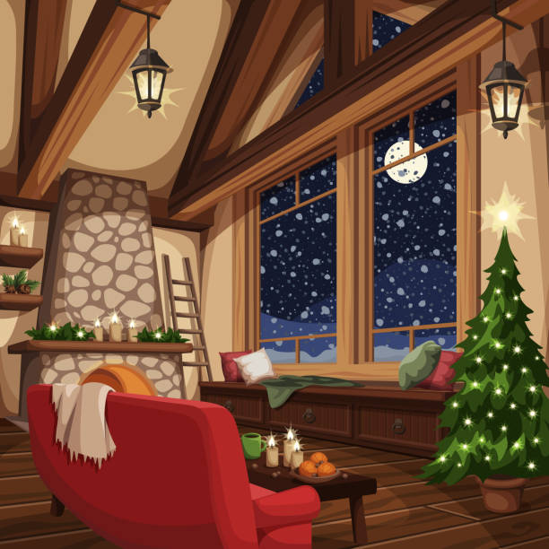 ilustrações de stock, clip art, desenhos animados e ícones de christmas chalet interior. holiday evening. vector illustration. - living room night nobody