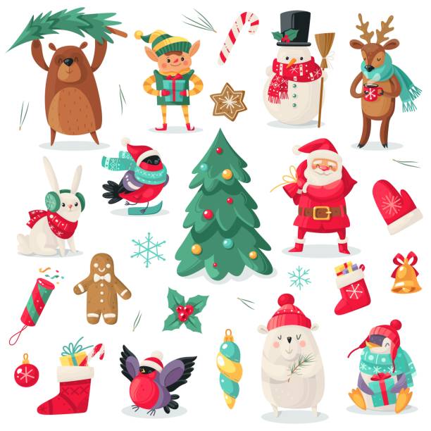 クリスマスのキャラクター。漫画の動物ブルフィンチ、クマとペンギン、贈り物。サンタと雪だるま、休日の木、エルフと鹿の新年のベクトルセット - サンタクロース点のイラスト素材／クリップアート素材／マンガ素材／アイコン素材