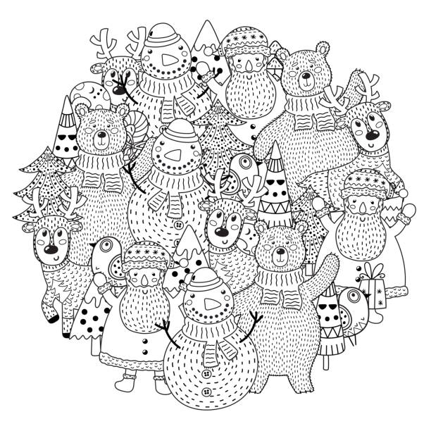 Christmas characters circle shape pattern for coloring book Christmas characters circle shape pattern for coloring book. Vector illustration christmas coloring stock illustrations