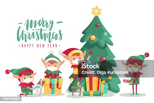 istock Christmas characters in masks poster. Cartoon vector elves in protective mask, decorated tree with gifts. Antiviral protective measure, stop spread viruses and beware epidemic covid-19 1284785841