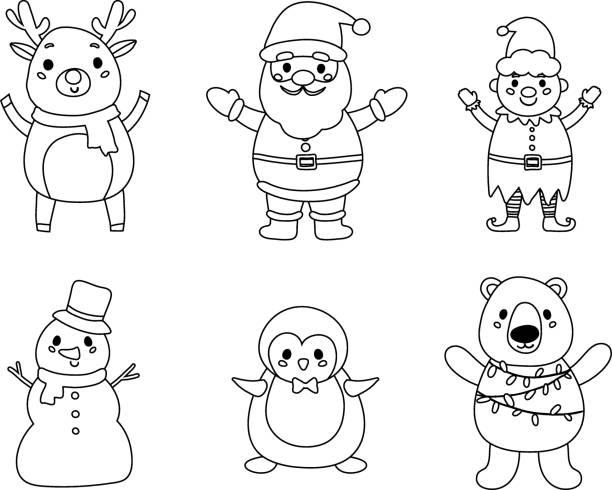Christmas Characters Christmas characters coloring page. Outline reindeer, Santa Claus, elf, snowman, penguin and polar beаr. christmas coloring stock illustrations