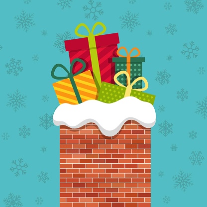 Christmas chimney with gift from santa claus. Xmas poster with roof of house, brick chimney and presents. Card with winter holiday background. Illustration for coming noel. Falling snowflakes. Vector