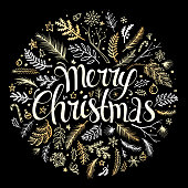 Hand drawn circular Christmas design on black background