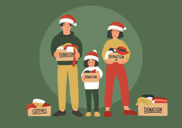ilustrações de stock, clip art, desenhos animados e ícones de christmas clothes donation - woman holding a christmas gift