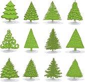 A collection of twelve hand drawing realistic, abstract and stylized Christmas tree in green. File contain EPS8 and large JPEG.