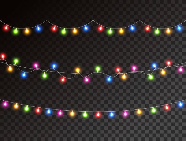 투명 한 배경에 고립 된 크리스마스 색상 조명. 갈랜드 조명 장식. 네온 램프를 이끌었다. 글로우 컬러 전구. xmas 카드, 배너, 포스터, 웹에 대한 밝은 장식. 벡터 일러스트레이션 - christmas lights stock illustrations