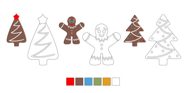 Christmas coloring book for children. Gingerbread figures, Christmas trees and a man. Vector illustration. Christmas coloring book for children. Gingerbread figures, Christmas trees and a man. Vector illustration. gingerbread man coloring page stock illustrations