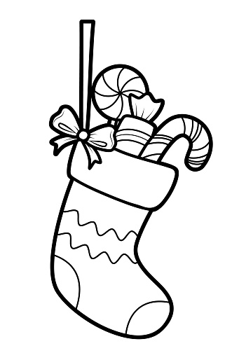 Christmas coloring book or page. Christmas Sock black and white vector illustration