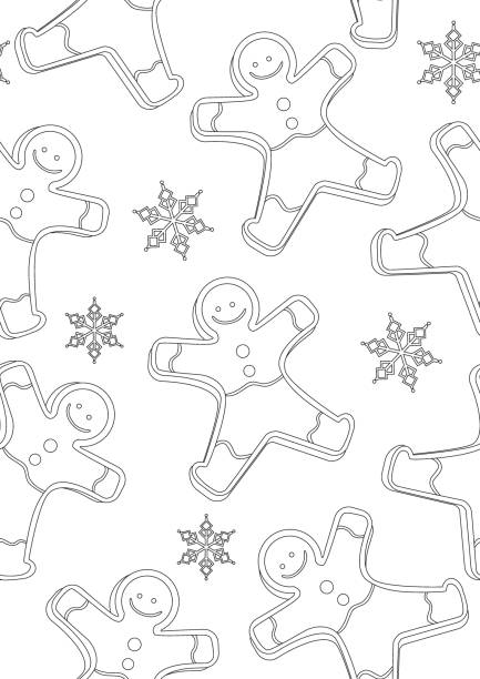 Christmas coloring page or seamless pattern with gingerbread men for adults, outline vector stock illustration for print in coloring book Seamless pattern with gingerbread men for christmas as antistress coloring page for adults, outline colorless vector stock illustration with christmas gingerbread in a4 size gingerbread man coloring page stock illustrations