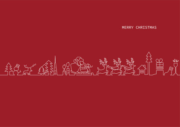 weihnachten konzept linie form design, santa claus auf einem hirsch rikscha in der stadt verschenken geschenke eine socke. auf rotem hintergrund vektor-illustration - lustige autos stock-grafiken, -clipart, -cartoons und -symbole