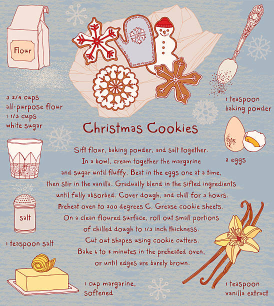 bildbanksillustrationer, clip art samt tecknat material och ikoner med christmas cookies. recipe card. - christmas baking