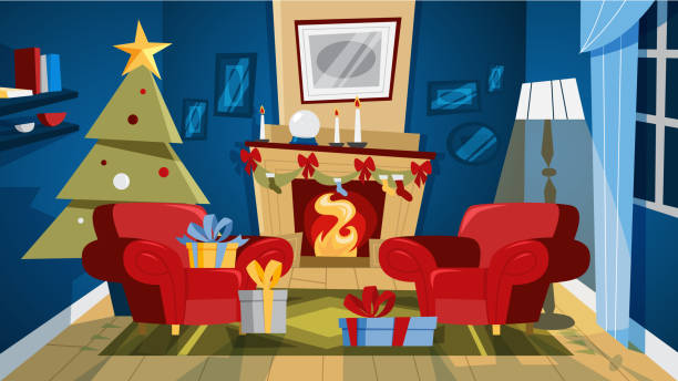 ilustrações de stock, clip art, desenhos animados e ícones de christmas cozy living room interior with tree and gift boxes. - living room night nobody