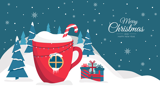 Christmas cup with a drink, in the form of a house in the woods. Background for invitation or seasons greeting.