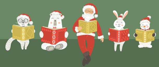 Christmas cute animals with Santa Claus reading books. Christmas cute animals with Santa Claus reading books. Children illustration. christmas story telling stock illustrations