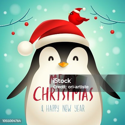 istock Christmas Cute Little Penguin with Santa’s Cap. 1055004764