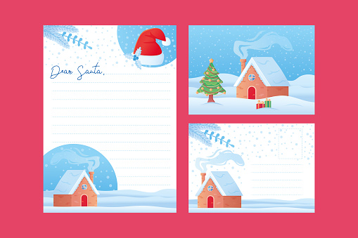 Christmas dear santa kids letter template wishlist blank and postcard template in cartoon style