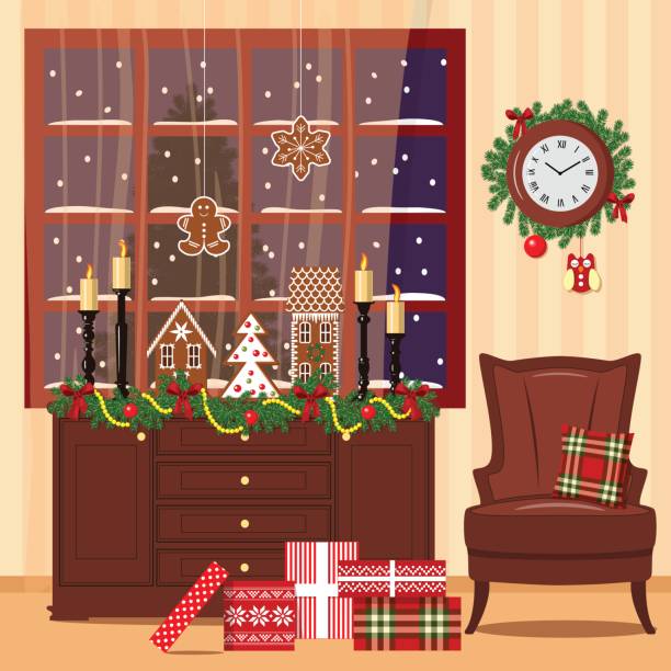 ilustrações de stock, clip art, desenhos animados e ícones de christmas decorated room with armchair, window, toys, gifts - living room night nobody