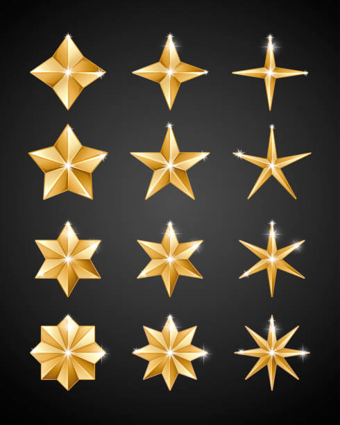 Christmas decoration 2019 Stars Set of realistic metallic golden stars of different shapes isolated on a black background spiked stock illustrations