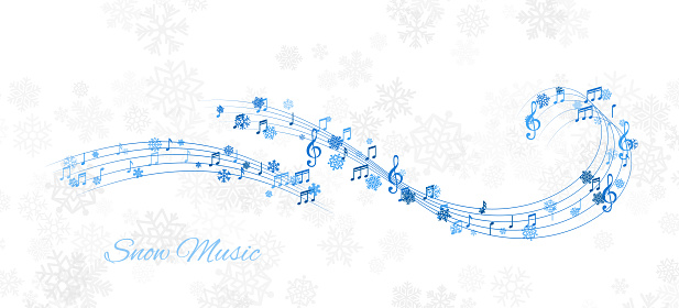 Christmas design element form  flying lines, music notes and snowflakes. Winter holiday decoration on the light background from snow.