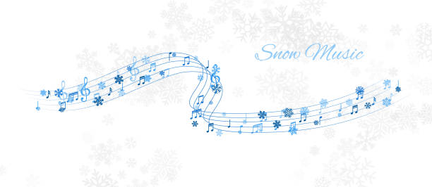 Christmas design element form  flying lines, music notes and snowflakes. Winter holiday decoration on the light background from snow. Christmas design element form flying swirl lines, music notes and snowflakes. Winter holiday decoration on the light background from snow. christmas music background stock illustrations