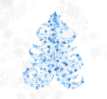 Christmas design element form  flying lines, music notes and snowflakes. Winter holiday decoration on the light background from snow.